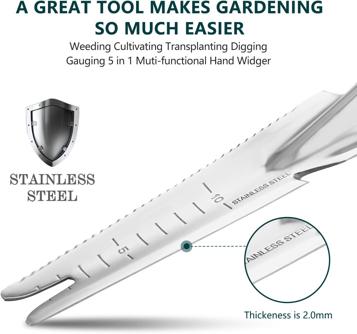 Berry&Bird Garden Hand Weeding Trowel, Stainless Steel Weeder Tool for Gardening with Wooden Handle, Multifunctional Manual Weed Puller & Digging Knife for Planting Transplanting Cutting Measuring