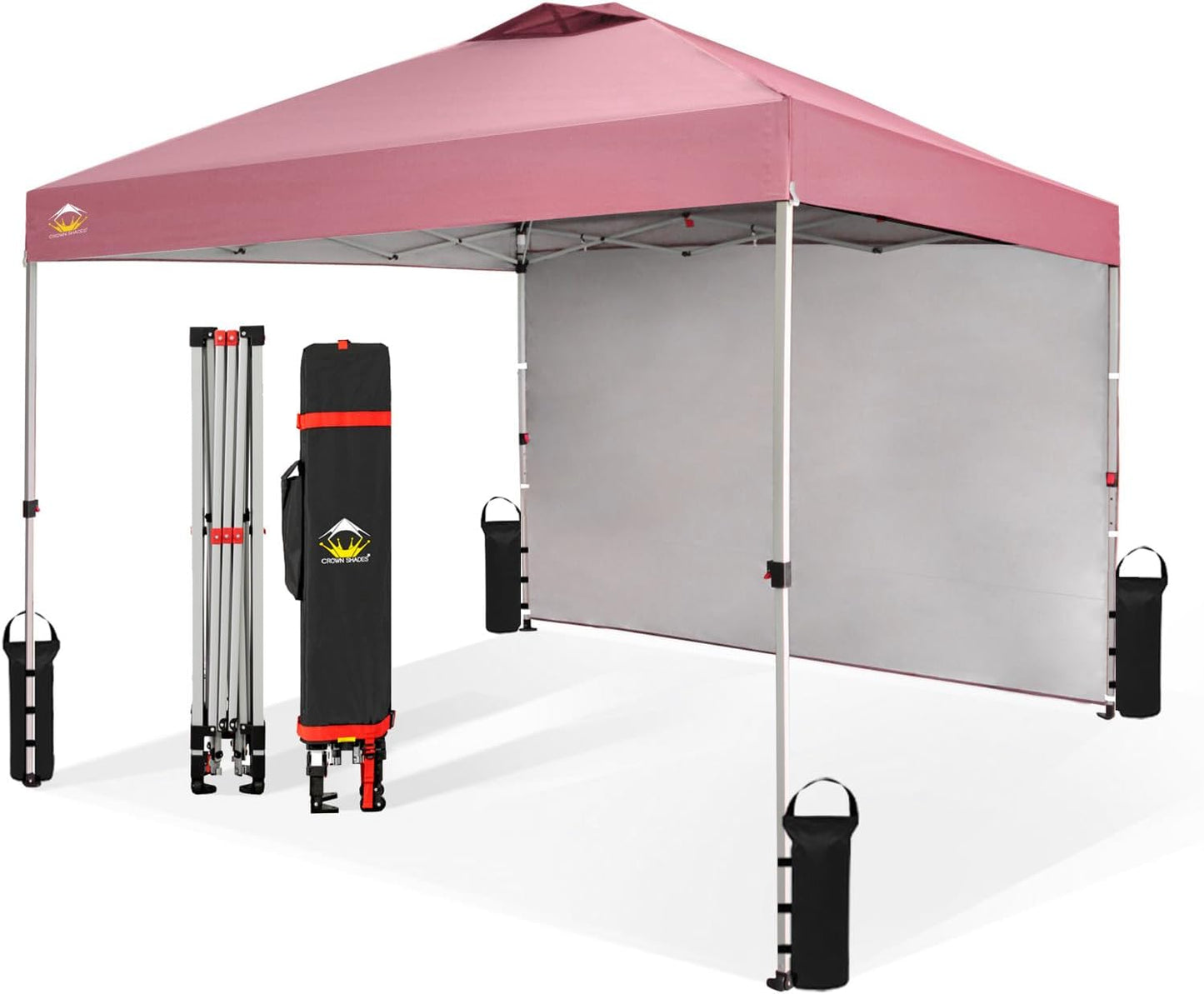CROWN SHADES 10x10 Pop Up Canopy with 1 Side Wall - Beach Tent with One Push Setup - Outdoor Sun Shade for Events, Parties, Camping - Gazebo with STO-N-Go Cover Bag (Pink)