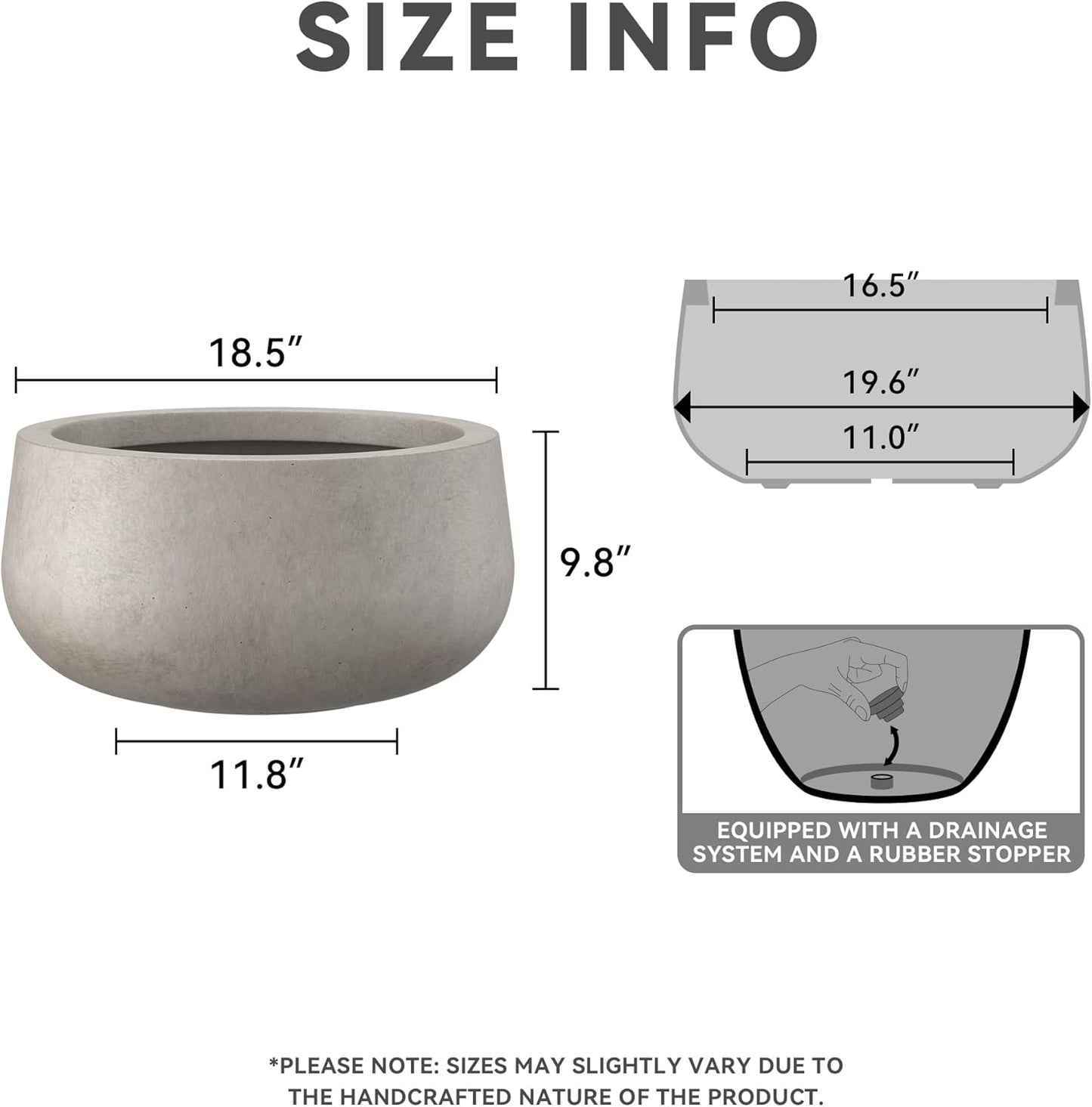 Kante 19.6" Dia Round Concrete Planter, Cement Plant Pots with Drainage Hole and Rubber Plug for Outdoor Indoor Garden Home, Modern Curvaceous Design, Weathered Concrete