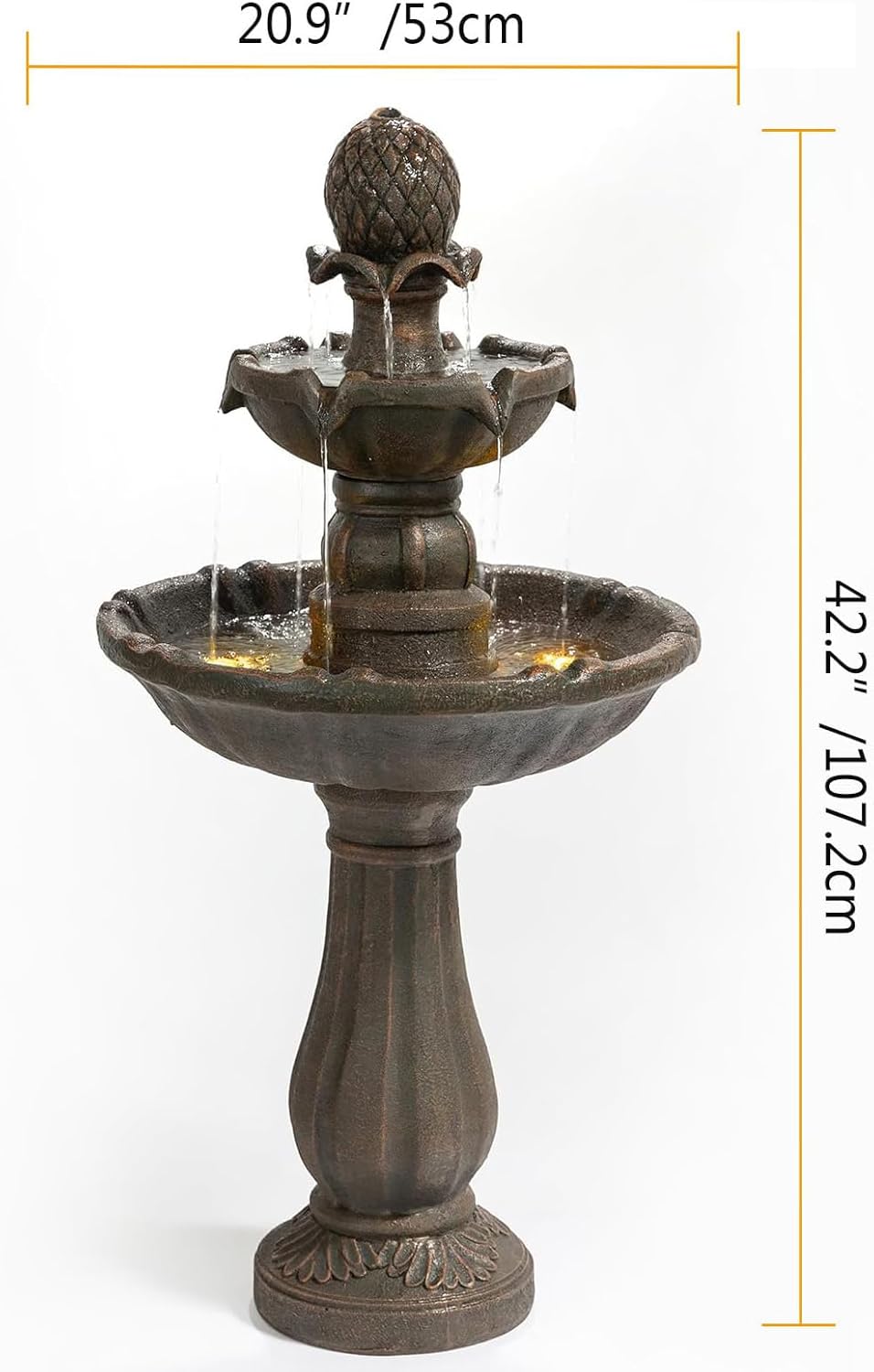 3 Tiers Outdoor Water Fountain–42.2 in. Tall Large Floor-Standing Outside Fountains with Elegant Waterfall Feature for Garden, Yard, Patio, Home Decor (Bronze Color)