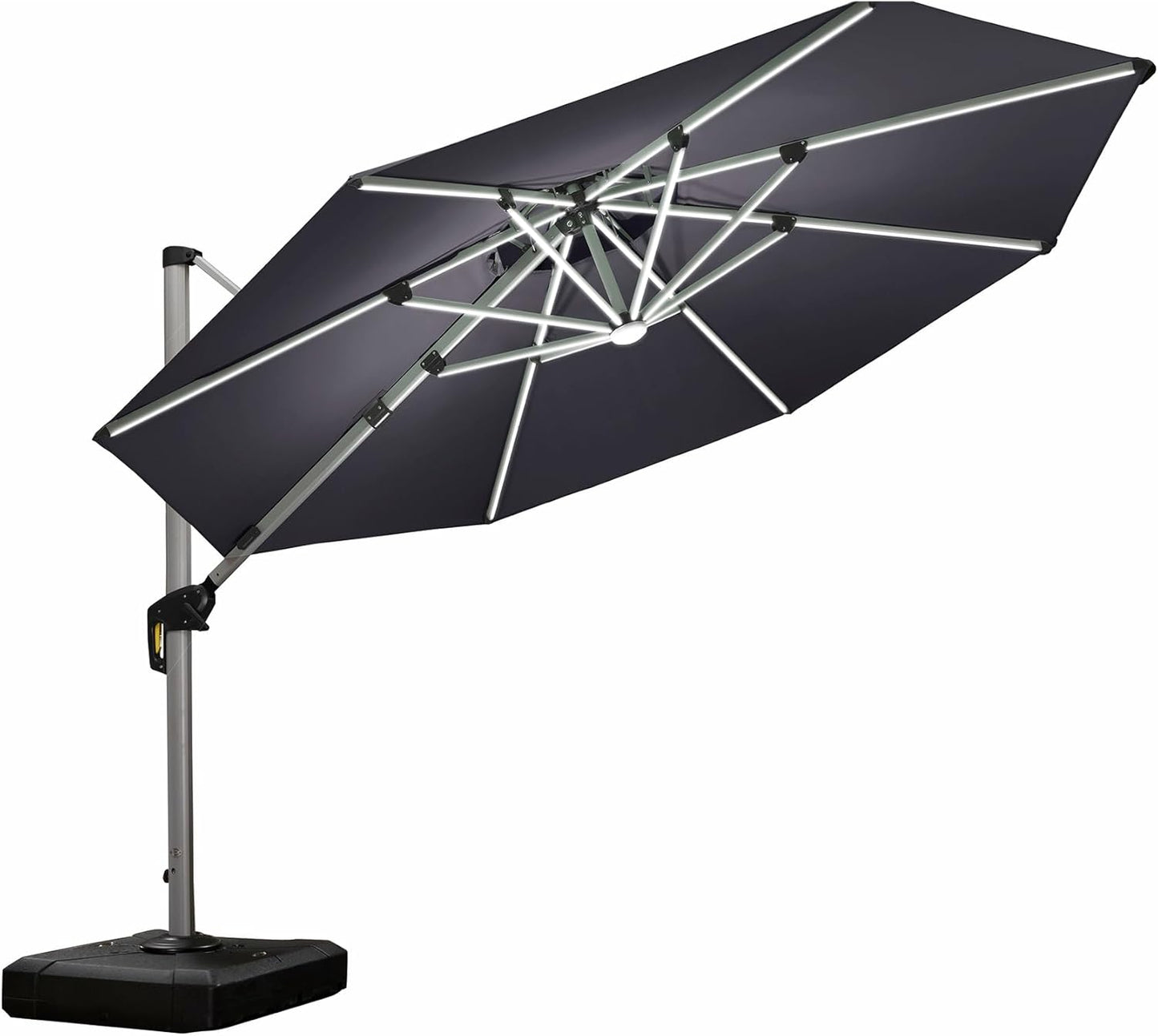 PURPLE LEAF 11ft Solar powered LED Patio Umbrella Outdoor Round Umbrellas Large Cantilever Umbrella with LED lights Windproof Offset Umbrellas Heavy Duty Sun Umbrella for Garden Deck Pool Patio, Grey