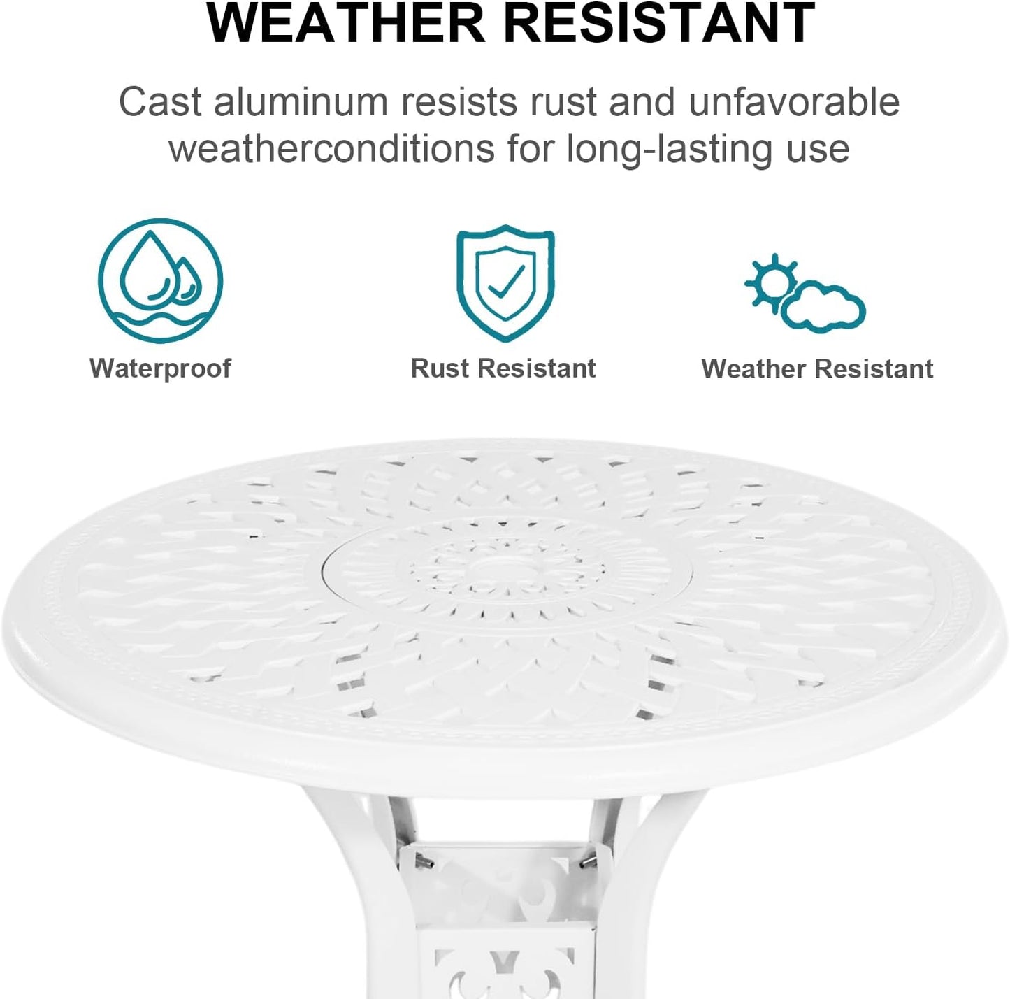 3 Piece Cast Aluminum Bistro Set With Umbrella Hole, Outdoor Patio Furniture With Adjustable Foot Cap, Metal Table and 2 Chairs for Garden, White