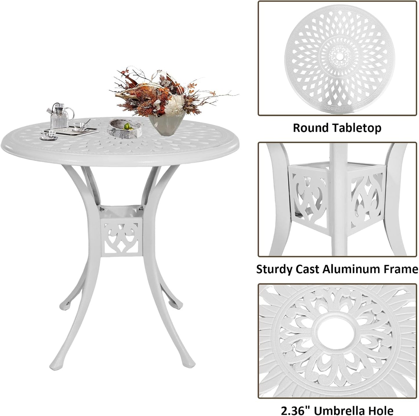 30.31" Outdoor Table and Chairs, Patio Table Set with 2.36" Umbrella Hole, Anti-Resistant Outdoor Dinning Set, Cast Aluminum Patio Furniture Set for Garden, Porch, Deck