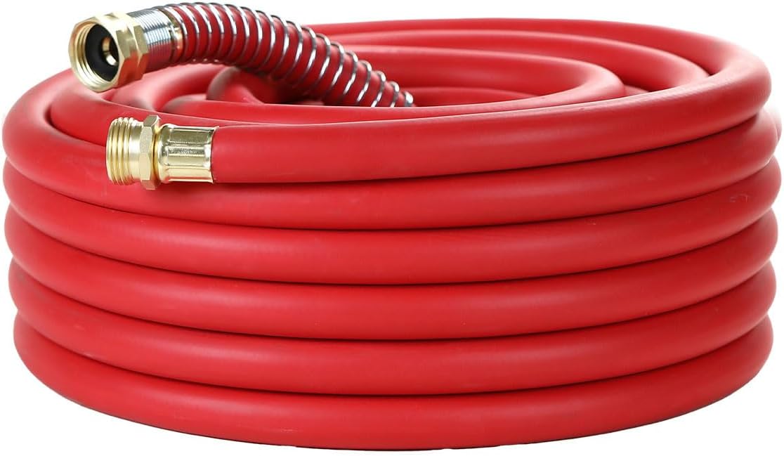 25FT 5/8 Heavy Duty Rubber Garden Hose - 200psi Working, 1000psi Burst - Hot/Cold Water - Five-Layered Braiding for Durability - Versatile for Gardening, Agriculture, Construction(Red)