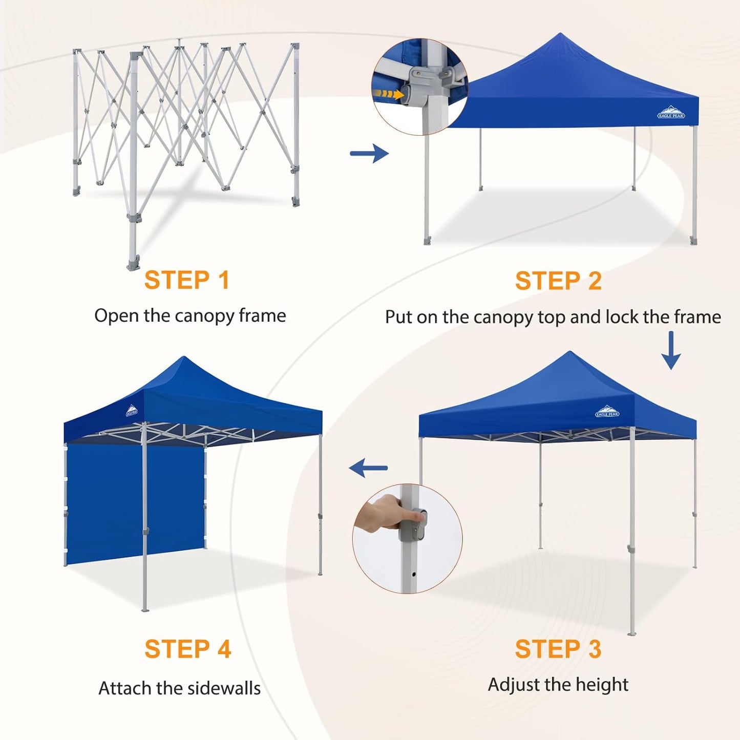 EAGLE PEAK 10x10 Heavy Duty Pop up Commercial Canopy Tent with One Removable Sidewall, Instant Sun Shelter with Roller Bag, 4 Sandbags, Blue