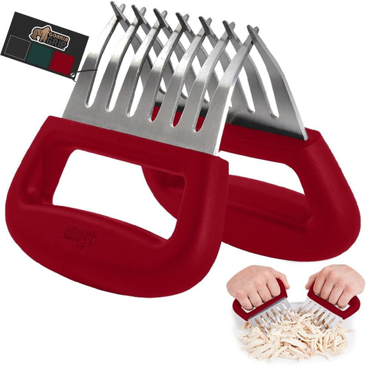 GORILLA GRIP BPA-Free Chicken Shredder Meat Claws, Sharp Stainless Steel Food Shredding Fork, Comfortable Handle, Easily Shred Pulled Pork, Taco Meats, Kitchen Smoker BBQ Tool, Dishwasher Safe, Red
