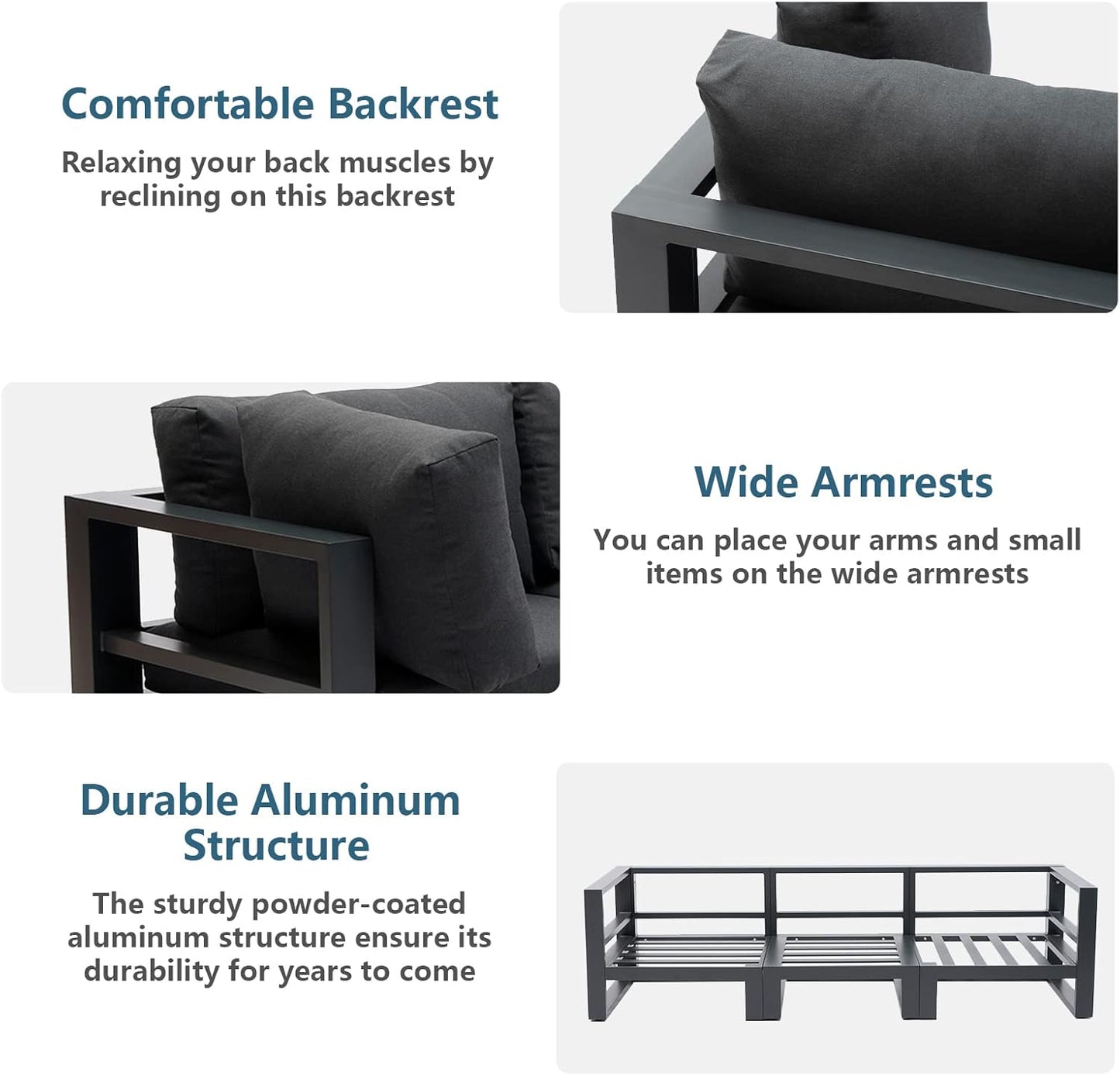 Outdoor Conversation Set 6 Pieces Aluminum Patio Furniture Modular Sectional Sofa Set with Armchairs, Square Coffee Tables, Dark Grey Cushions