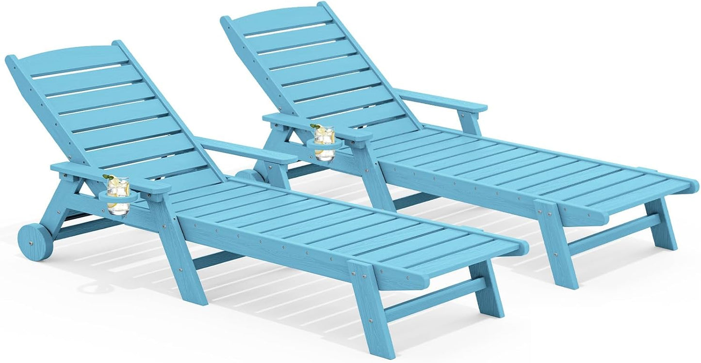 SERWALL Patio Chaise Lounge Chair Set of 2, 78'' Long 5-Positions Adjustable HDPE Outdoor Lounge Chair for Pool, Poly Lounge Chair with Rolling Wheels & Cup Holder for Poolside, Deck, Light Blue