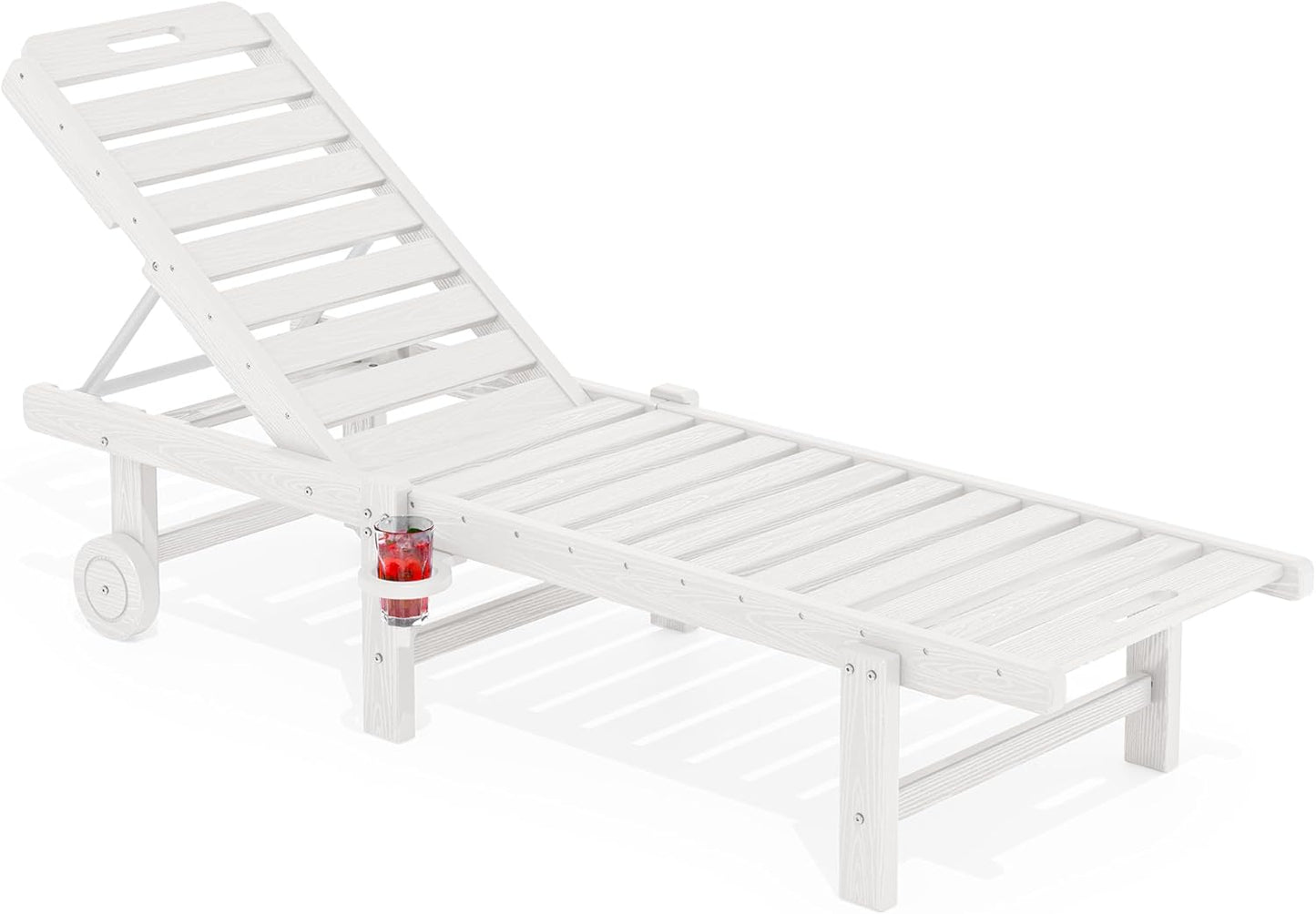 SERWALL Patio Chaise Lounge, 78" Length Outdoor Lounge Chair with 5 Positions Adjustable Backrest, HDPE Lounge Chair with Rolling Wheels & Cup Holder for Poolside, Beach, Garden, White