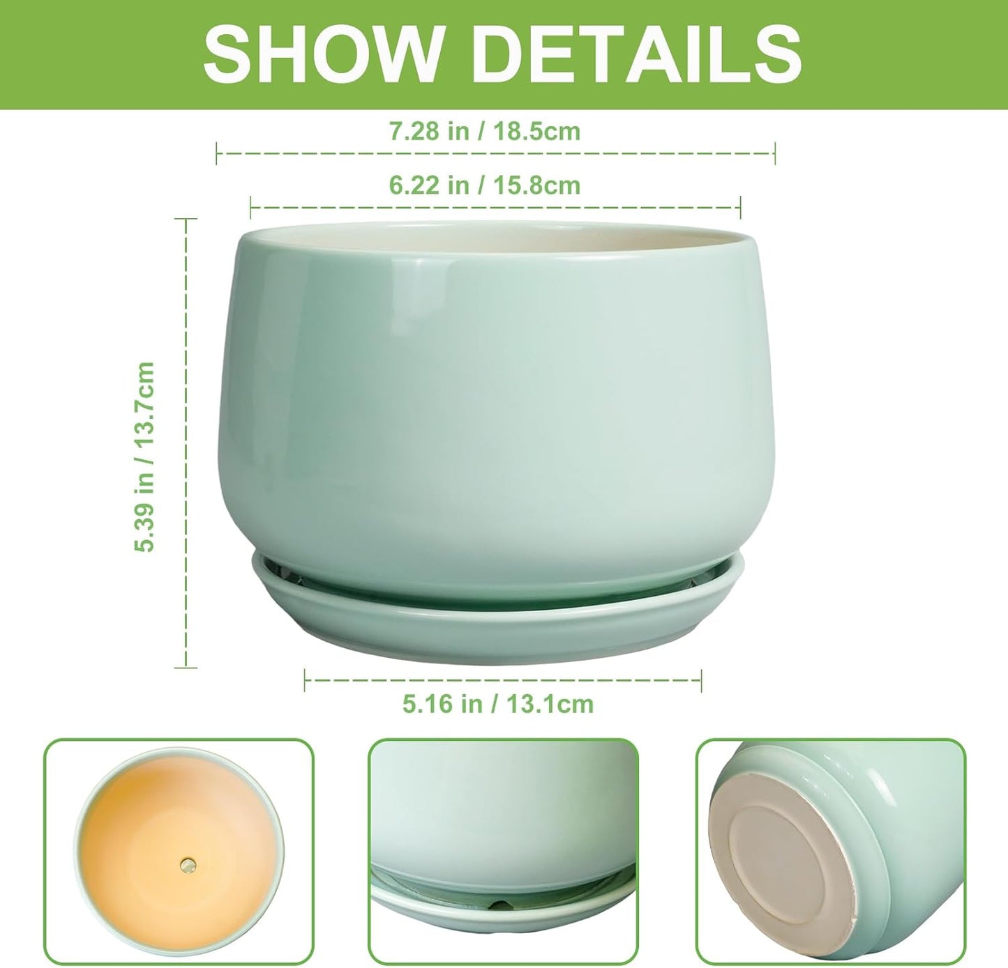 G EPGardening Ceramic Plant Pots - 7 Inch Planter for Indoor Outdoor Plants, Ceramic Planter with Drainage and Saucer, Round Modern Flower Pots, House Decor, Gift for Men Women, Green