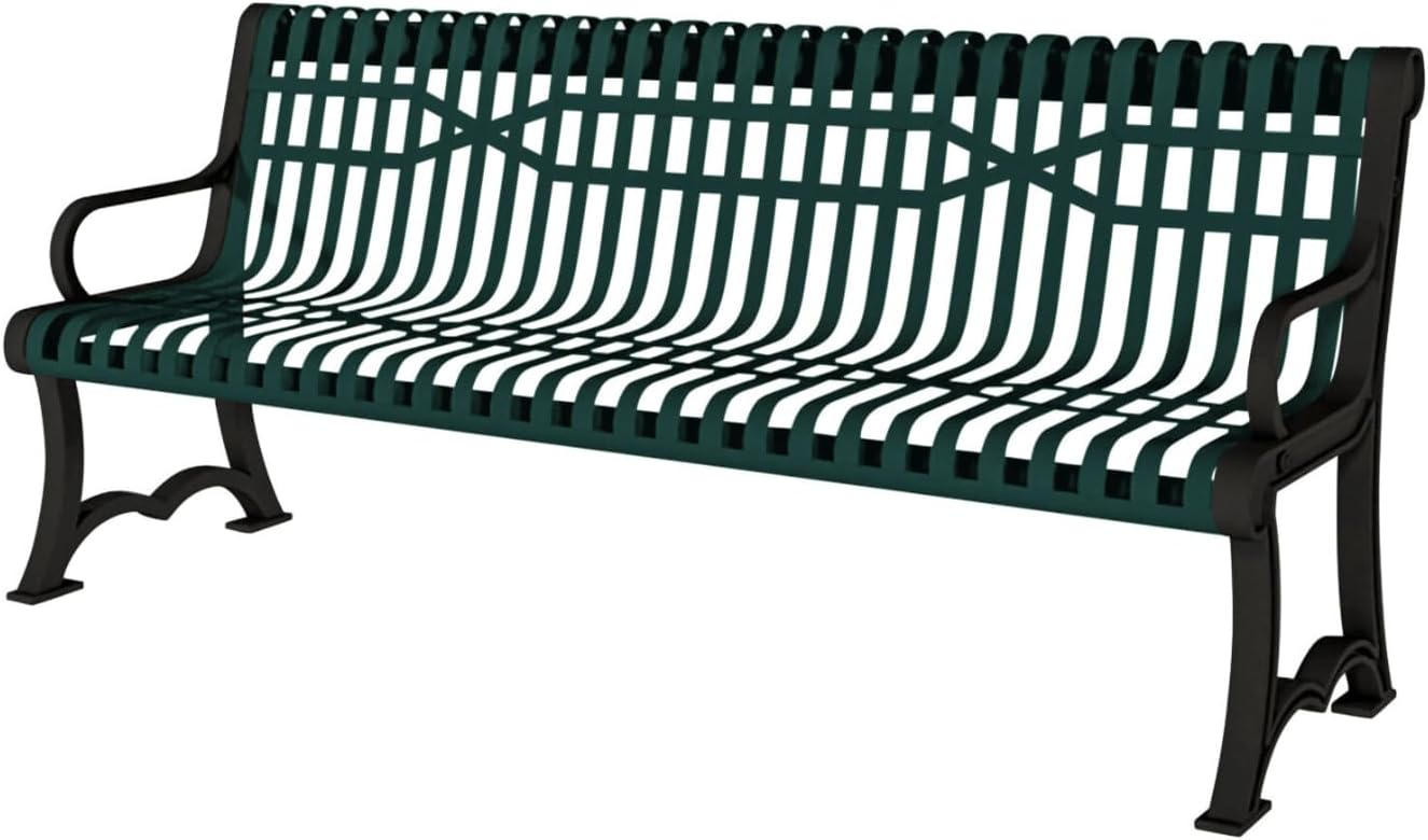 Coated Outdoor Furniture Heavy-Duty Outdoor Bench Thermoplastic Coated, Slatted Steel, Commercial-Grade Garden Bench, Made in America (Portable with Back, 4 Ft, Textured Green)