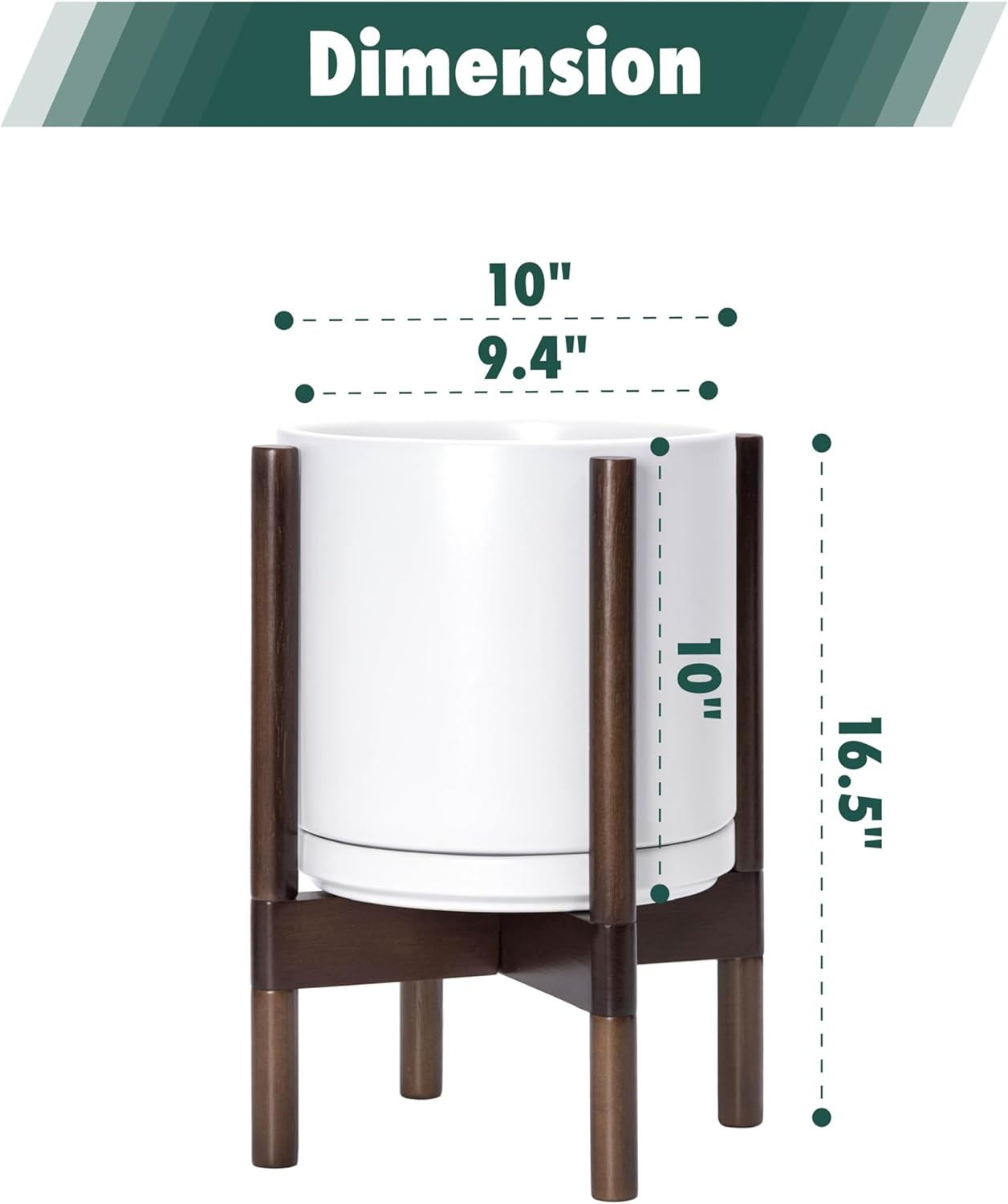 D'vine Dev Ceramic Planter with Walnut Color Stand - 10 Inch Modern Round Flower Pot with Wood Planter Holder, White, 55-B-X-1