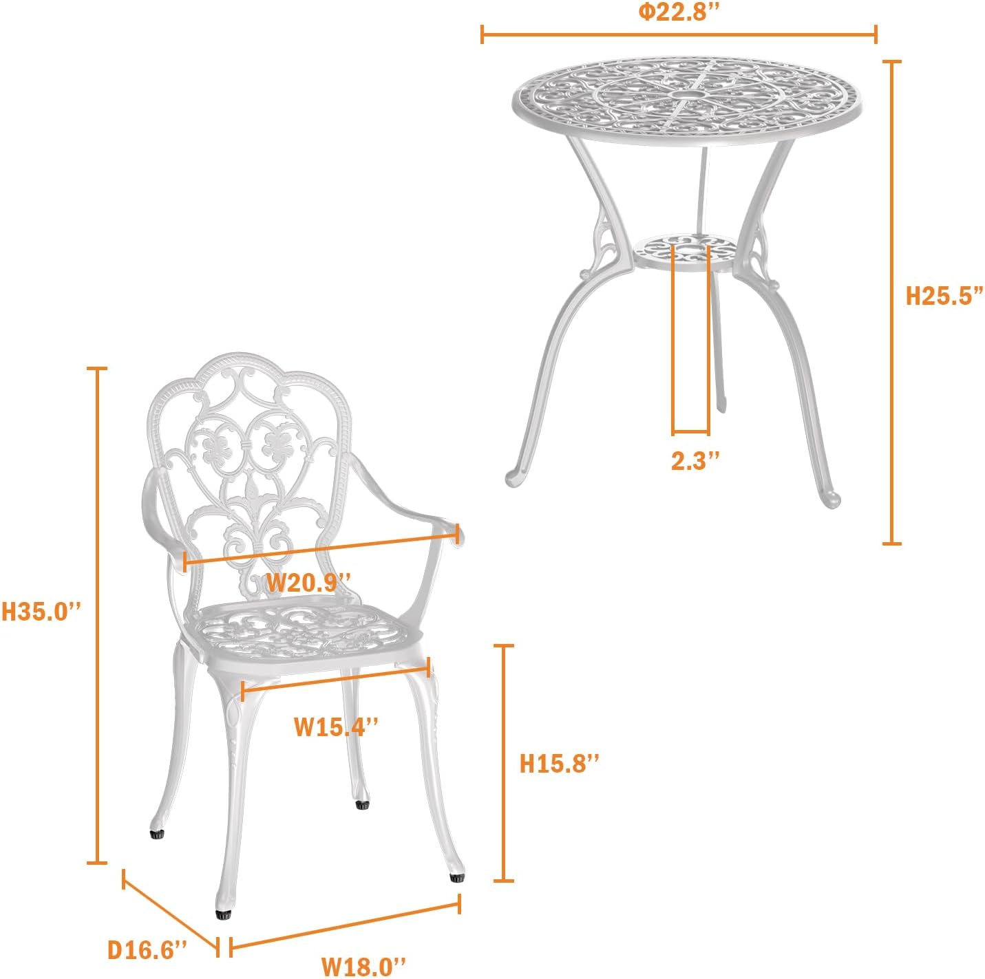 Patio Bistro Set of 2, Cast Aluminum, Outdoor Set w/Umbrella Hole, 3 Piece Table and Chairs Set, Bistro Set for Backyard/Garden/Lawn, White