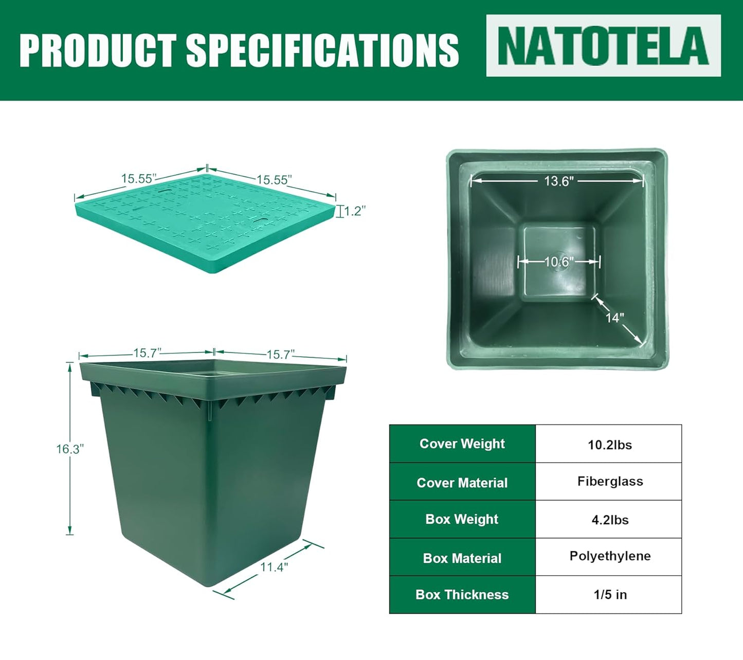 16x16x16in Underground Splice Boxes with Fiberglass Solid Cover,In Ground Pull Box Deep Enclosure Distribution Pit Electrical Junction Boxes Drillable Precast Tapered Pit for Cable Wiring