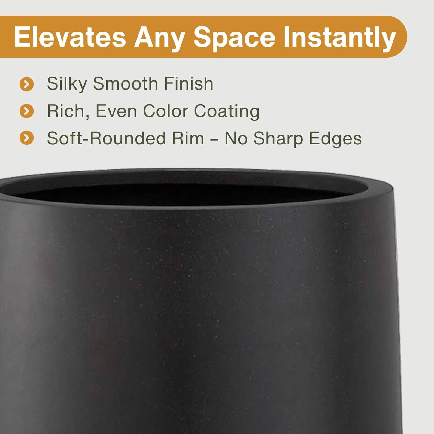 14" H x 13.7" D Conico Fiberstone Round Planter with Drainage Hole, Smooth Finishes, Weather Resistant for Indoor and Outdoor Use, Included 2 Extra Coco Mats (Black, 10.6" Pot Opening)