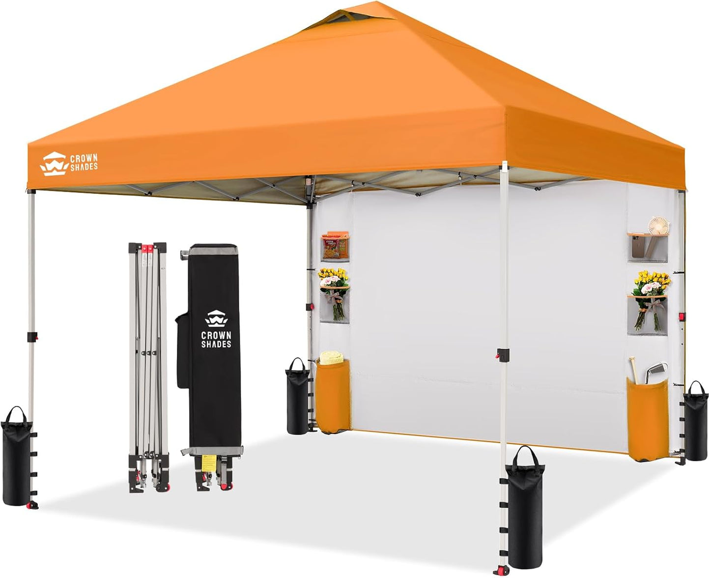 CROWN SHADES Canopy Tent, 10 x 10 Foot Portable Pop Up Outdoor Shelter with Pocket Sidewall, Push Center Lock, UV Protection, and Carry Bag, Orange