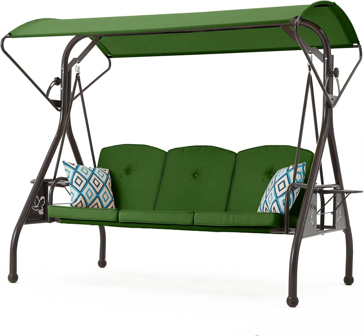 800LBS Patio Swing with Canopy 3 Seat Outdoor Porch Swing with Stand w/Cup Holder & Pillow Glider Chair Swing Bed for Patio Backyard Poolside (Green)