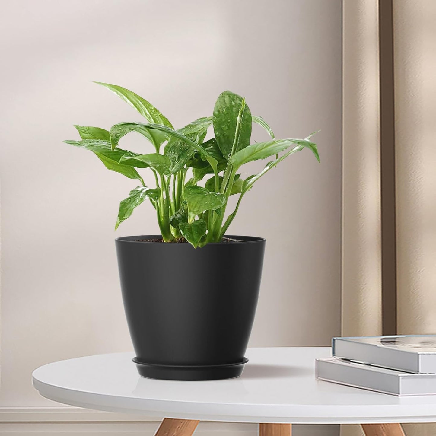 8 Pack 4 Inch Plant Pots with Drainage Holes and Saucers, Pots for Plant Indoor, Plastic Planters for Succulents and Small Plants, Black