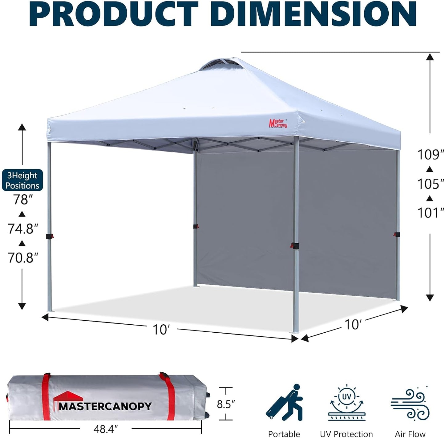 MASTERCANOPY Durable Pop-up Canopy Tent with 1 Sidewall (10'x10',White)