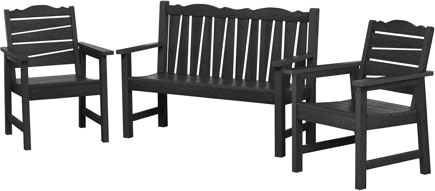 Patio Chairs Set, Weatherproof HIPS Outdoor Furniture, Include 2 Patio Dining Chairs + Outdoor Bench, Suit for Garden, Porch, Lawn & Backyard (Black)