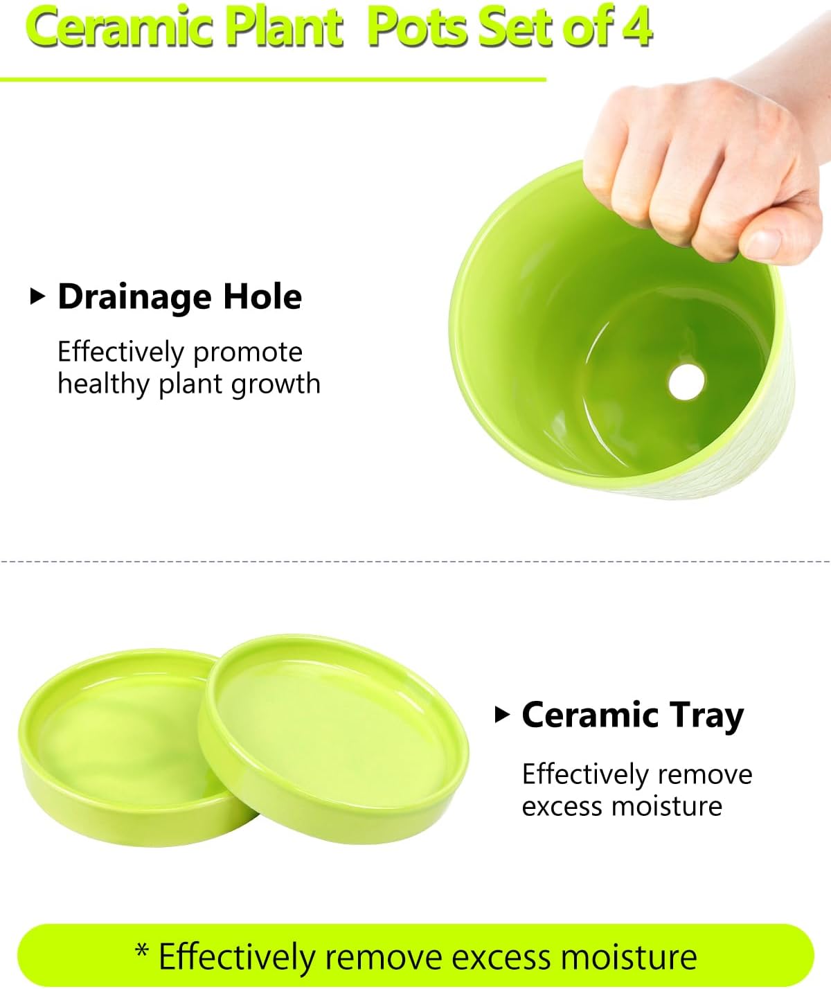 EFISPSS 5 Inch Ceramic Plant Pots Indoor, Planters with Drainage Holes and Ceramic Tray, Relief Design Flower Planter，Desktop Office Windowsill Decoration Gift Set of 4 - Green