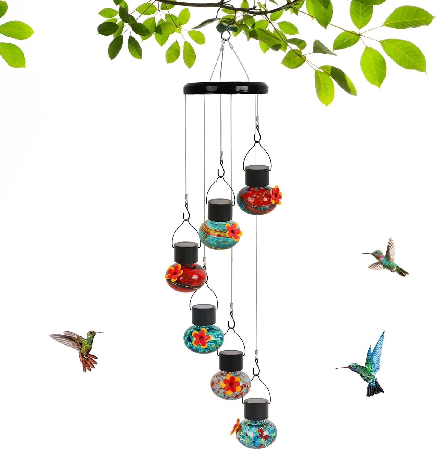 ‌Solar-Powered Hummingbird Feeder with Wind Chime Elegance – 6 Leak-Proof Glass Ports, Frosted Design & Multicolor Night Lights – Perfect Outdoor Gift for Nature Enthusiasts