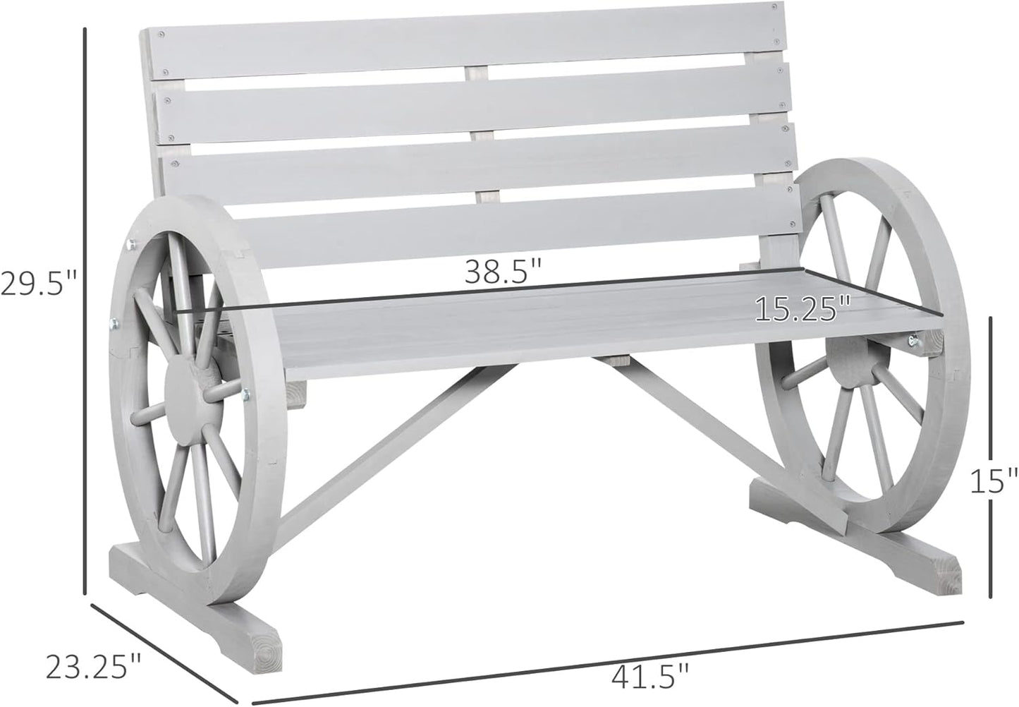 Outsunny 41" Wooden Wagon Wheel Bench, Rustic Outdoor Patio Weather Resistance Furniture, 2-Person Slatted Seat Bench with Backrest, Light Gray