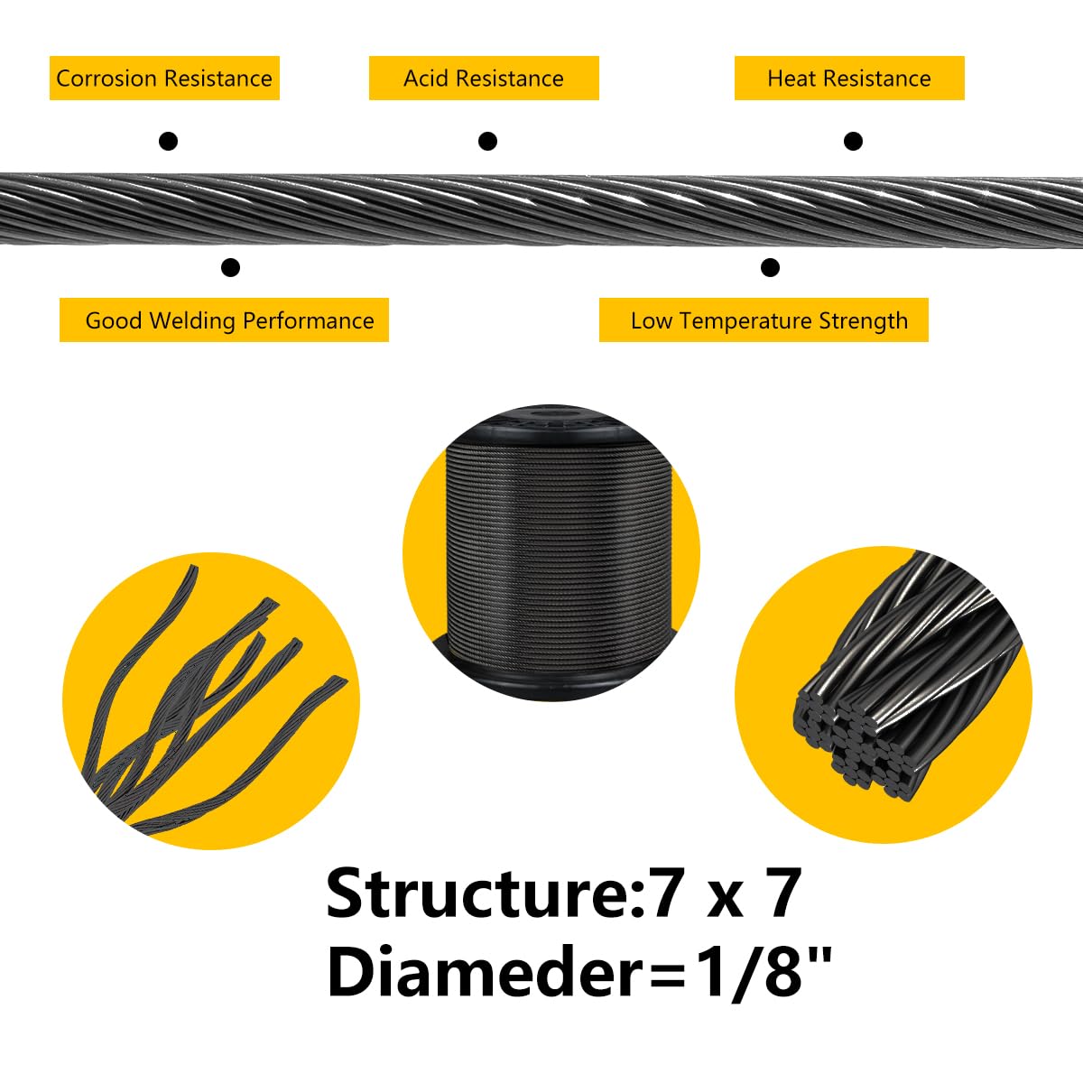 Black 400FT 1/8" T316 Stainless Steel Cable with Cutter, 7x7 Strands Aircraft Wire Rope for Deck Railing, Stair Handrail, Porch Fence, High Strength for Indoor and Outdoor Use