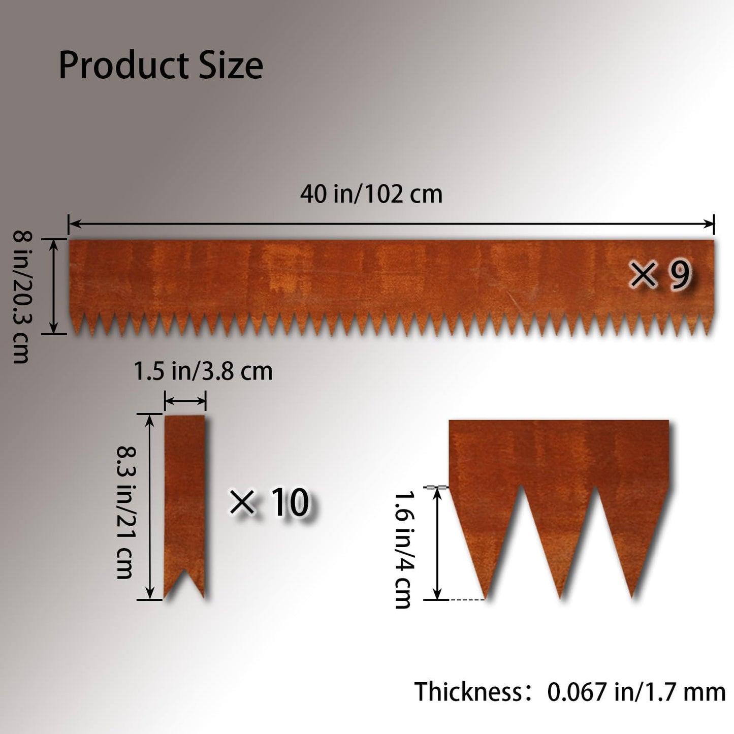 Corten Steel Landscape Edging, 40" L x 6" H, 15 GA Thickness, 9 Pack + 10 Stakes, Enhance Garden, Yard, Park, Lawn, Plants & Vegetables w/Long-Lasting Rust-Finish Cor-Ten Edging