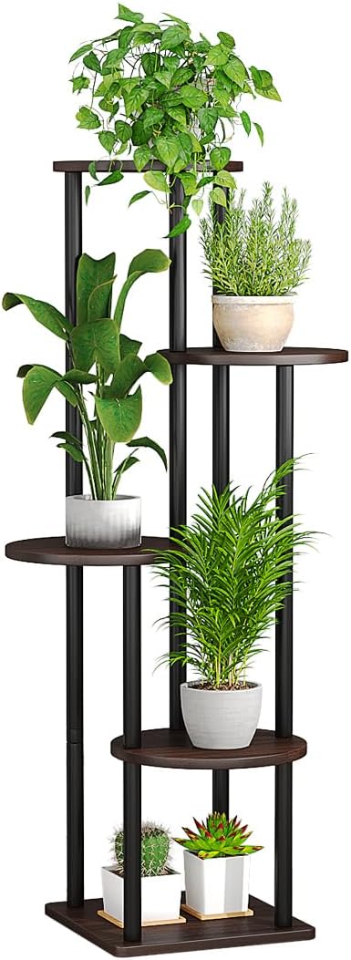 AZERPIAN Plant Stand Indoor 5 Tier Metal Plant Shelf for Multiple Plants Corner Tall Flower Holders for Living Room Balcony Bedroom Patio Garden (Black Oak, 5 Tier)