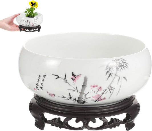 Ceramic Chinese Pot with Base Hydroponic Pot White Water Lily Bowl Ceramic Planter for Home Office Garden 7 Inch