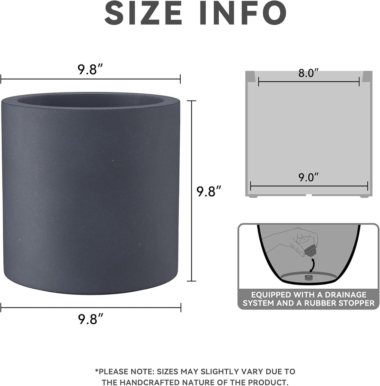 Kante 9.8" Dia Round Concrete Planter, Modern Style Large Cylindrical Plant Pot with Drainage Hole and Rubber Plug for Indoor Outdoor Patio, Charcoal