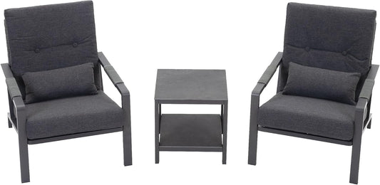 3 Piece Outdoor Bistro Set, Rattan Patio Furniture with Aluminum Frame & Coffee Table, Waterproof Cushion Fabric, High Elastic Sponge, Grey Terrace Patio Set