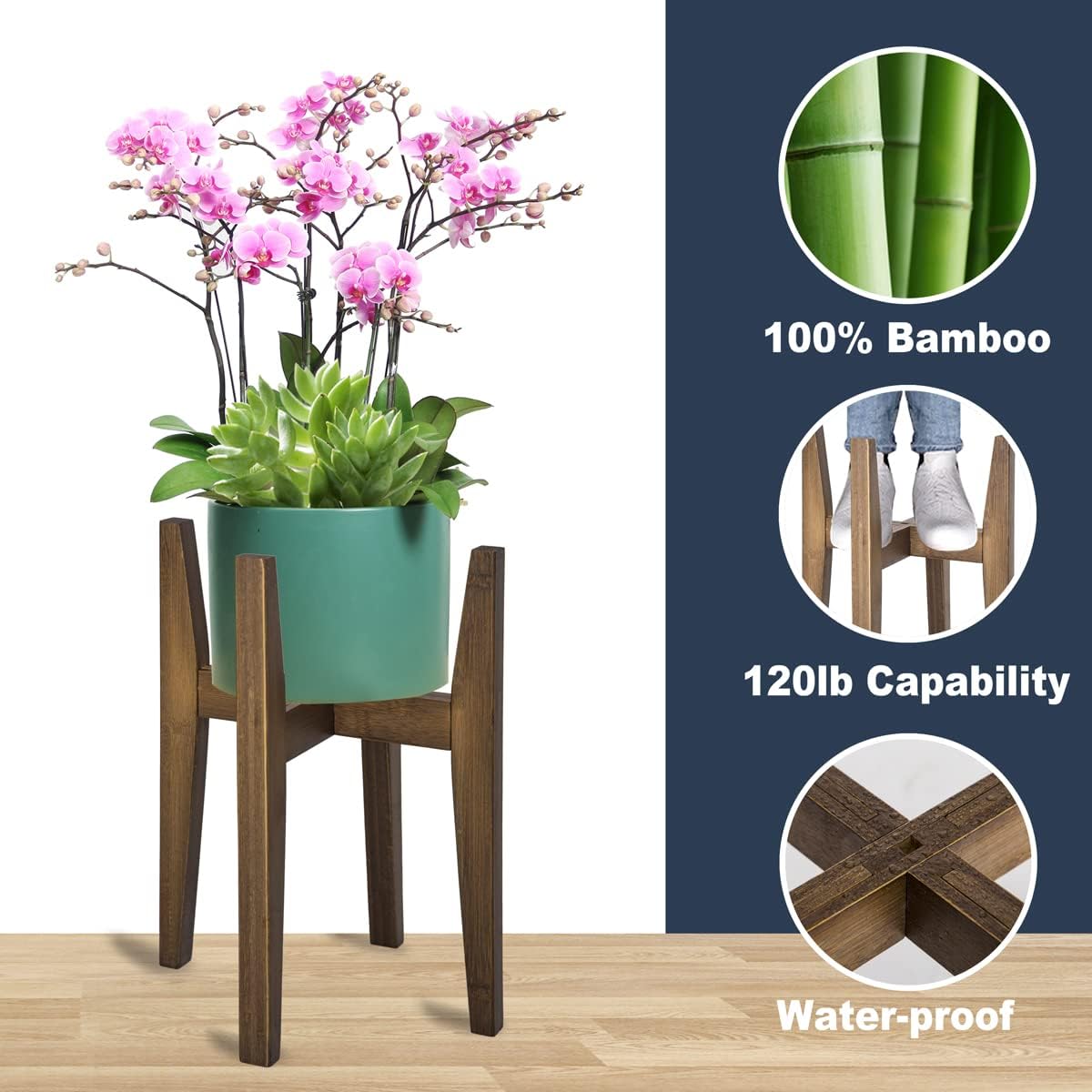 OERGKE Adjustable Plant Stand, Bamboo Mid Century Modern Indoor Plants Stands, Corner Flower Holder for Living Room, Fits 8 to 12 Inches Pots, (Pot & Plant Not Included)(Walnut, 1 Pack)