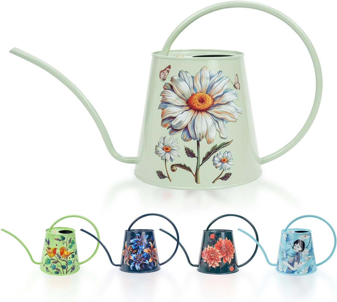 Berry&Bird House Plants Watering Can - Indoor&Outdoor 1/2 Gallon Stainless Steel Water Can with Long Spout Garden Decoration for Flower Bonsai Succulent Gardening Large Water Bottle (Bellis Perennis)