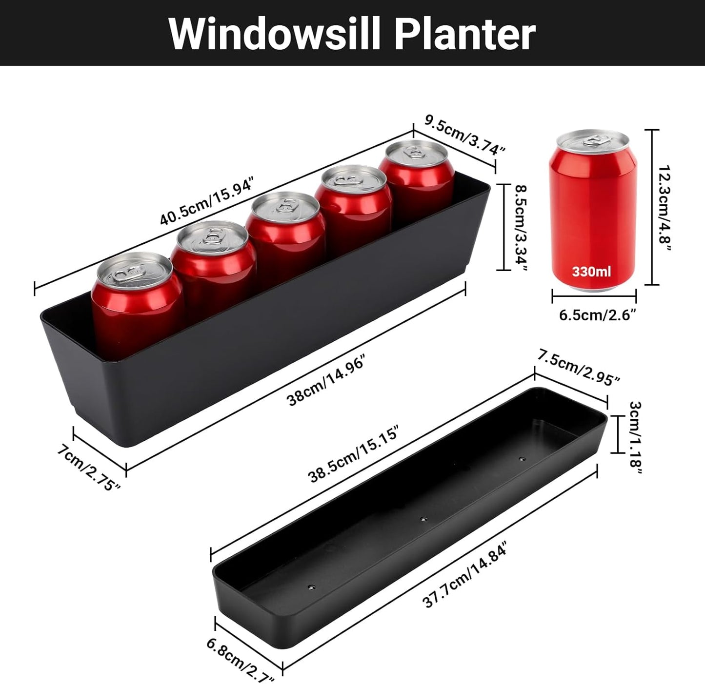 GREANER Rectangle Window Boxes, 6PCS 16x3.8 Inch Black Herb Planters with RemovableTray and Drainage Hole, Succulent Flowers Plastic Pot for Balcony, Office, Windowsill, Garden, Outdoor Decoration Use