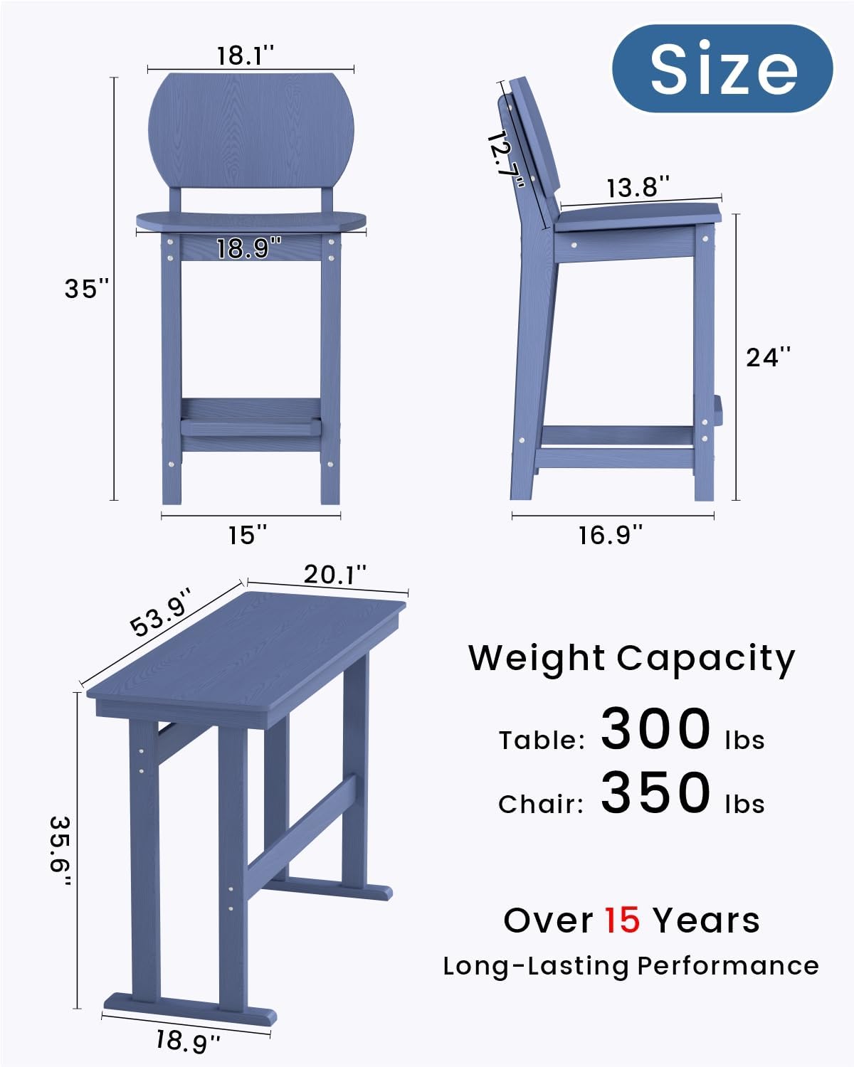 3-Piece Outdoor Patio Bar Table and Chairs Set, All-Weather HDPE High Top Table with 2 Armless Bar Stools, HDPE Bar Furniture Set for Outside, Poolside, Backyard, Garden (Navy Blue)