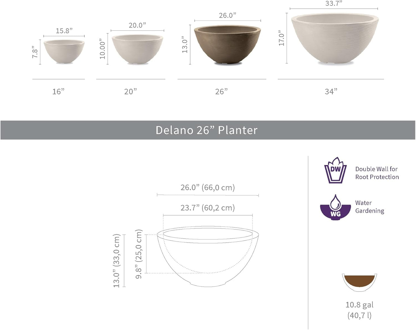 Crescent Garden Delano Bowl Planter, Large Outdoor Round Shallow Plant Pot for Water Garden, Bonsai Plant Pots, Succulents with Drain Hole - Double Walled Bowl Lotus Pot, 26" W (Mocha)