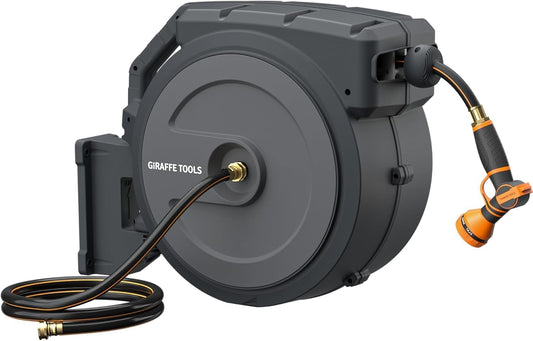 Giraffe Tools Retractable Hose Reel 5/8" x 90 ft Wall Mounted Garden Hose Reel Heavy Duty, Automatic Rewind, 180 Deg Swivel, Any Length Lock, 9 Pattern Nozzle, 90 ft, Dark Grey
