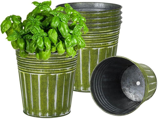 vensovo 6 Inch Kelly Green Metal Rustic Flower Pots - 6Pcs Medium Galvanized Planters with Drainage Hole and Rubber Plug, Rustproof Metal Bucket Plant Pots Farmhouse Vintage Style for Decor