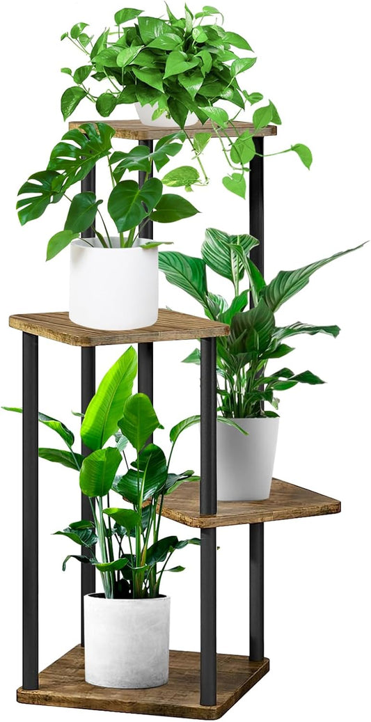 4 Tier Wood Tall Plant Stand Metal Rack Indoor, Multiple Flower Pot Holder Shelves Corner Rack, Planter Shelf Display Rack Storage Organizer for Patio Living Room Balcony Garden(Black)
