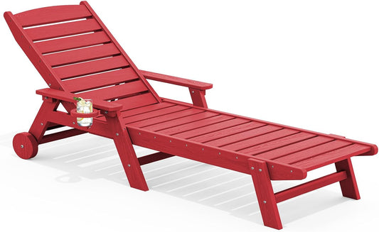 SERWALL Patio Chaise Lounge Chair, 78'' Long HDPE 5 Positions Adjustable Outdoor Lounger, Poly Lounge Chair with Rolling Wheels & Cup Holder for Pool, Bright Red