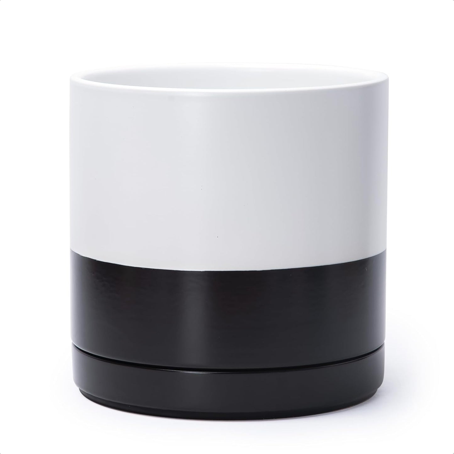 D'vine Dev 10 Inch Ceramic Planter Pot with Drainage Hole and Saucer, Indoor Cylinder Round Planter Pot, Layered Monochrome Black & White, 94-O-E-L