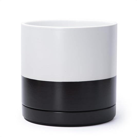 D'vine Dev 10 Inch Ceramic Planter Pot with Drainage Hole and Saucer, Indoor Cylinder Round Planter Pot, Layered Monochrome Black & White, 94-O-E-L