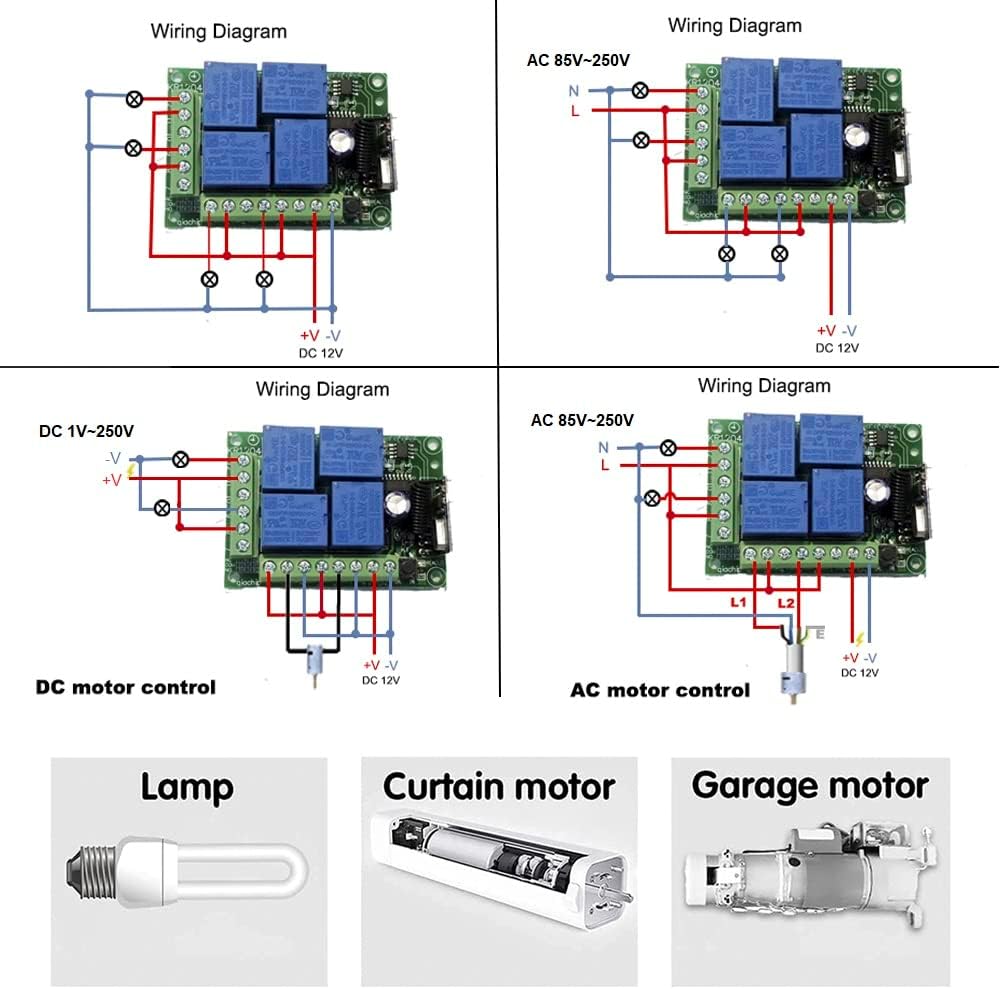 QIACHIP Universal 12V 4CH Wireless Relay Remote Module Switch RF 433Mhz with Remote Control Key Fob 2 Transmitters 1 Receiver for Light Garage Door Electric Gate,Momentary Toggle Latched(KR1204)