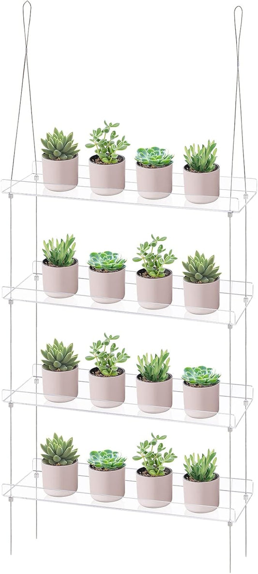 Sumerflos 4 Tier Acrylic Window Boxes Plant Shelves for Windows, Hanging Shelves for Indoor Plants, Flower Pot Organizer Storage for Window Grow Herbs, Microgreens, Succulents, Flower