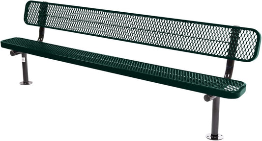 Heavy-Duty Outdoor Bench Thermoplastic Coated, Expanded Metal, Commercial-Grade Seating, Made in America (Surface with Back, 8 Ft, Textured Dark Green)