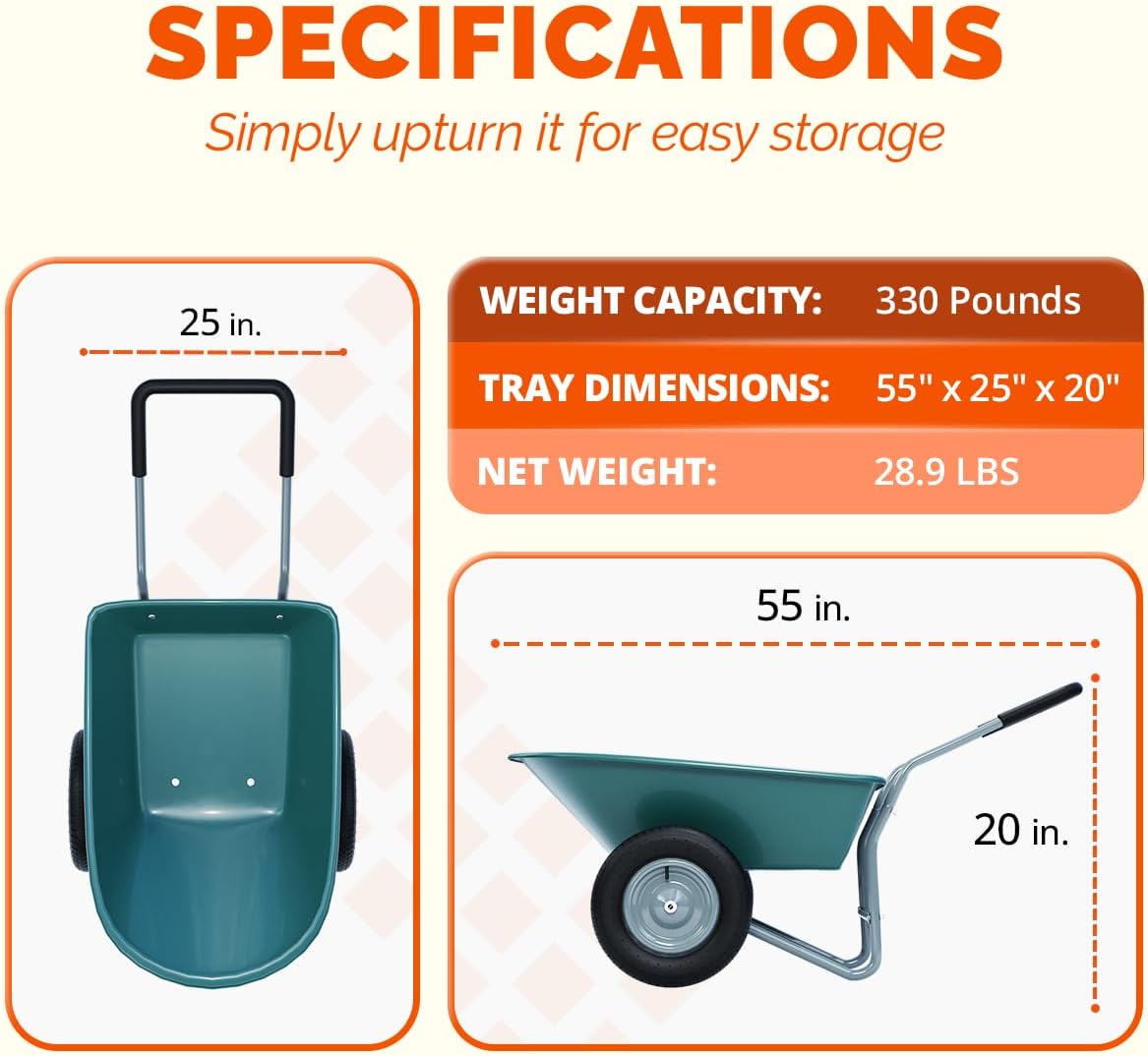 Upgrade 2 Wheel Wheelbarrow, Yard Cart with Padded Handlebar, 14 Inch Pneumatic Tires for High Stability, Ideal for Moving Soil, Plant Shrub, Gardening Tool, Easy Assembly