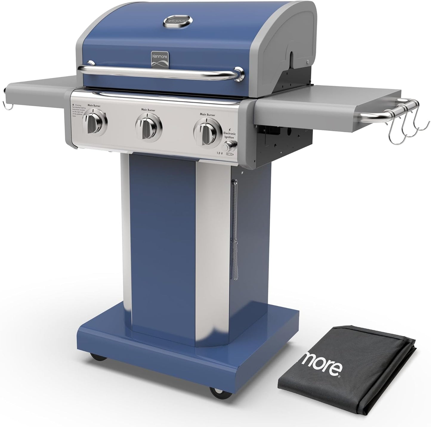 Kenmore 3-Burner Propane BBQ Grill, 30,000 BTUs Gas Grill with Cast Iron Cooking Grates, Folding Side Tables & Wheels, Outdoor Grill with Tool Hooks, Azure Blue + Bonus Cover
