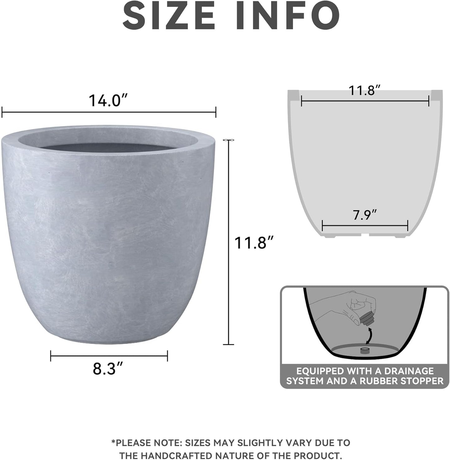 Kante 14 Inch Dia Round Concrete Planter, Indoor Outdoor Large Plant Pot with Drainage Hole and Rubber Plug for Home Patio Garden, Slate Gray